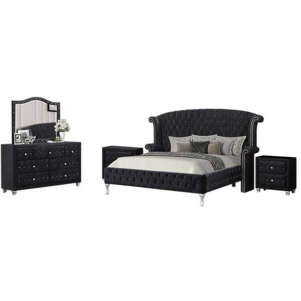 5 Piece Black Velvet King Bedroom Set, Velvet King Bedroom Set