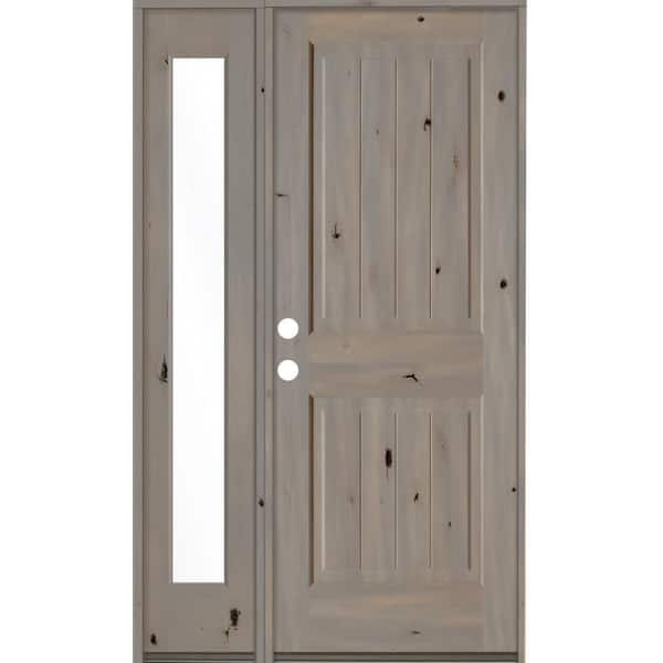 Krosswood Doors 44 in. x 80 in. Rustic Knotty Alder 2 Panel Right-Hand/Inswing Clear Glass Grey Stain Wood Prehung Front Door w/Sidelite