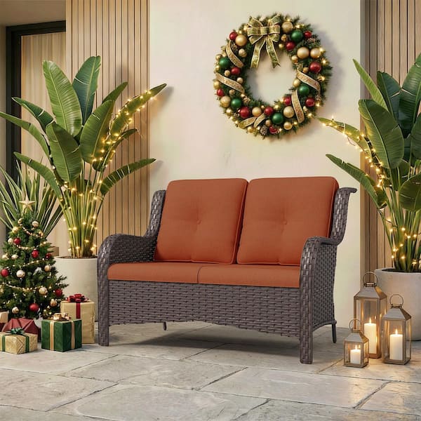 Brown Wicker Outdoor Patio Loveseat 2-Seat Sofa Couch with Orange Cushions