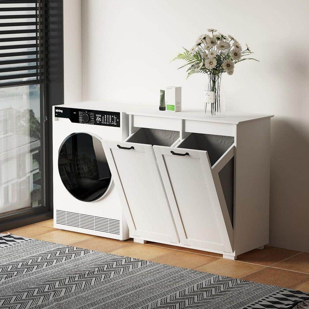 White MDF Modern Rectangle Laundry Room Hamper Dual Tilt Out Laundry ...