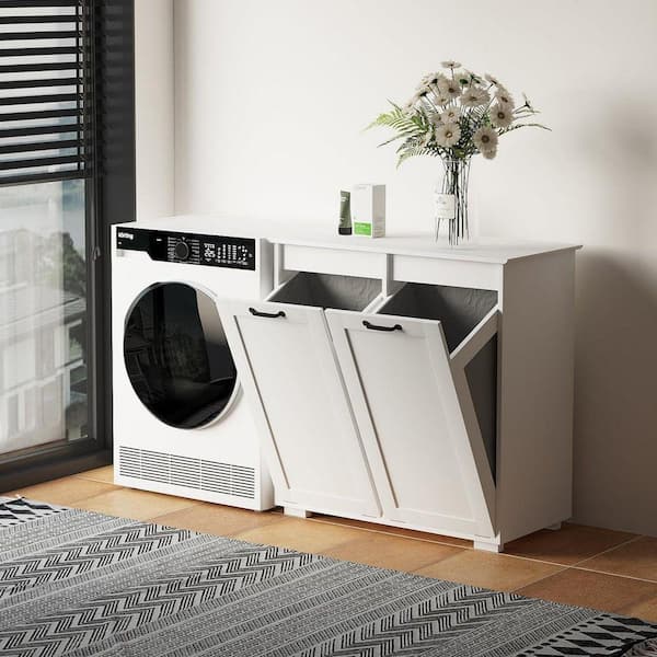 White MDF Modern Rectangle Laundry Room Hamper Dual Tilt Out Laundry Hamper Cabinet with 2 Removable Hamper Bags