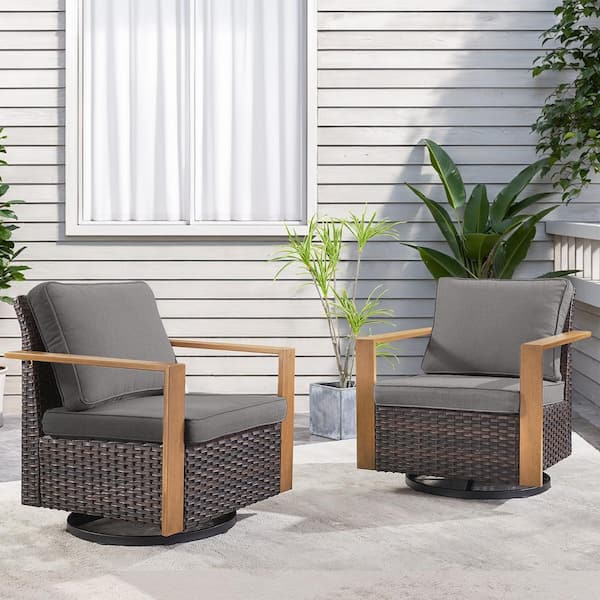 Opohoro Brown Wicker Outdoor Rocking Chairs, Swivel Patio Chairs with Wood-Looking Metal Arms with Gray Cushions (2-Pack)