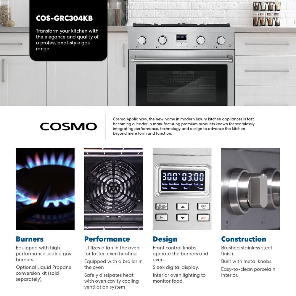 30'' Stainless Steel Freestanding Gas Range with Convection Oven