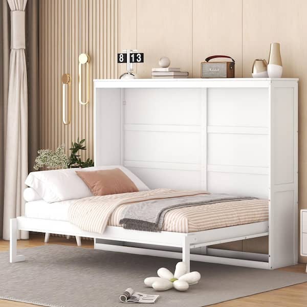 Harper & Bright Designs White Wood Frame Queen Size Murphy Bed, Wall Bed Folded into a Cabinet