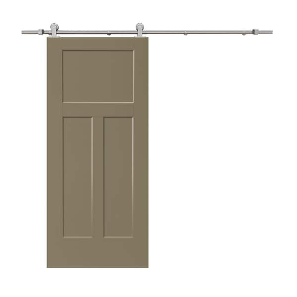 CALHOME 30 in. x 80 in. 3-Panel Olive Green Stained Composite MDF Interior Sliding Barn Door with Hardware Kit
