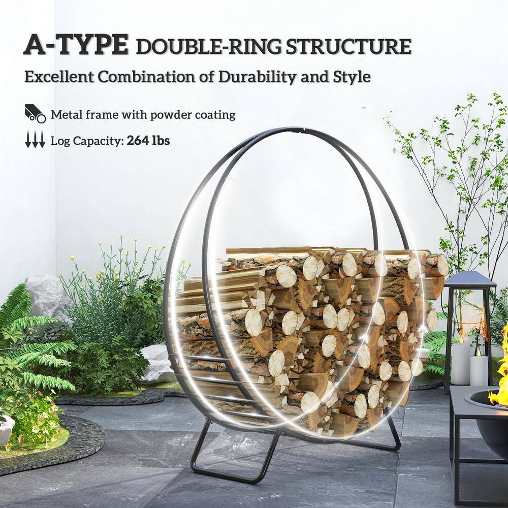 48" Black Powder-Coated Steel Firewood Rack with Waterproof Cover