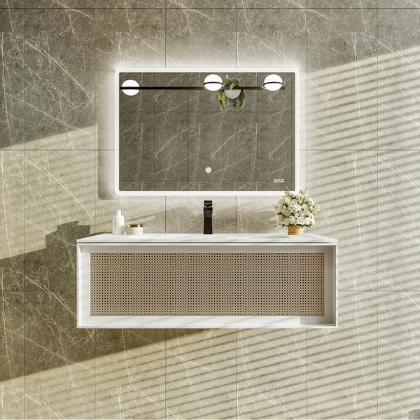 Eviva Nets 32 in. Single Sink Floating Natural Oak/White Bath Vanity with White Solid Surface Top (Assembled)