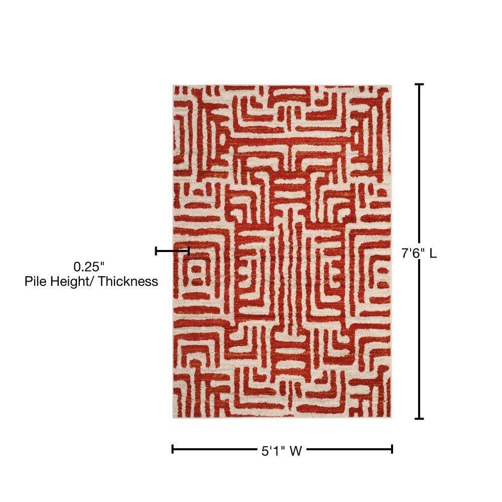 Ivory and Terracotta Geometric Synthetic Area Rug, 5' x 8'