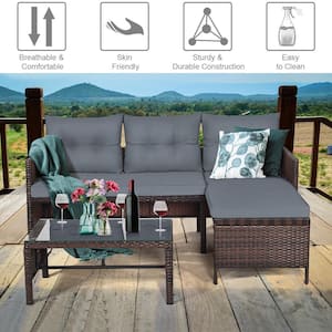 3-Pieces Rattan Outdoor Furniture Set Patio Couch Sofa Set with Grey Cushion
