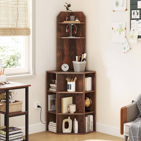 Costway 63 in. Tall Brown Wood 6-Shelf Corner Shelf Corner Bookcase with 2 USB Ports and Charging Station