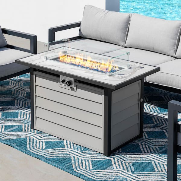 43 in. Rectangle Metal and Glass Propane Gas Ivory White Fire Pit Table with Lid Glass Beads Cover and Wind Guard