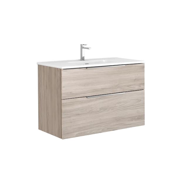 WS Bath Collections Dalia 36 in. W x 18.1 in. D x 23.8 in. H Single Sink Wall Mounted Bath Vanity in Grey Pine with White Ceramic Top
