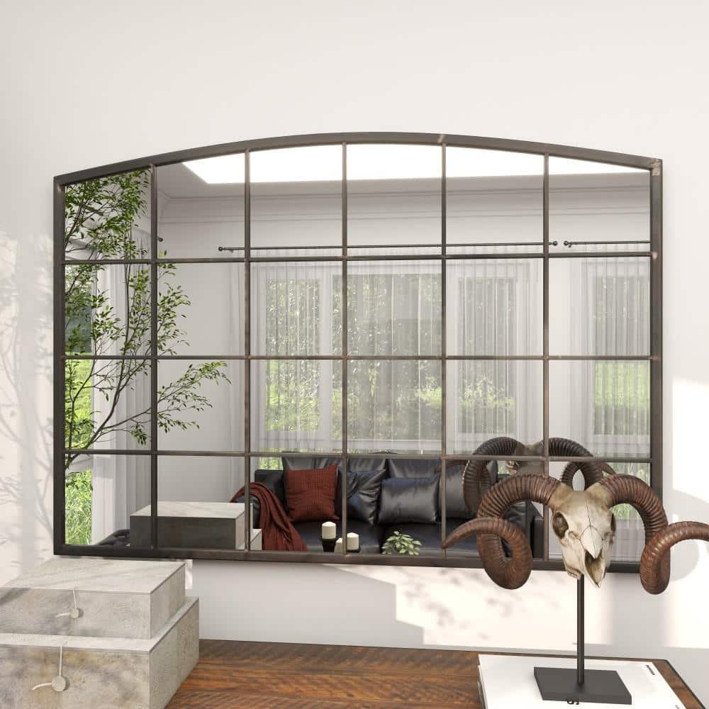 Industrial Black Metal Windowpane Wall Mirror with Arched Top