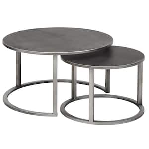 Hayes 2-Piece 28 in. Aged Silver Medium Round Metal Coffee Table Set with Nesting Tables