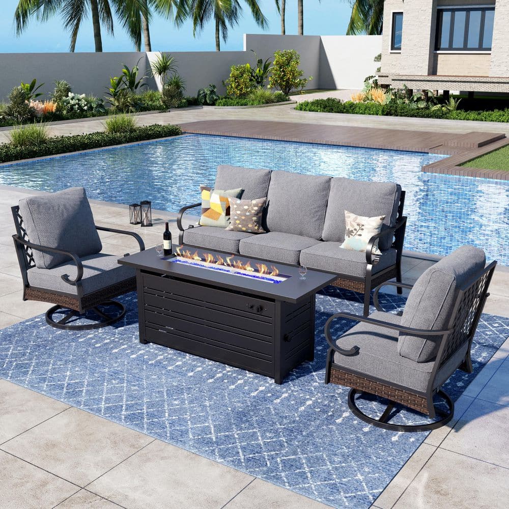 4-Piece Black Metal Outdoor Patio Conversation Seating Set with Swivel Chair, 50000 BTU Fire Pit Table and Gray Cushions price history on PriceWatchPro