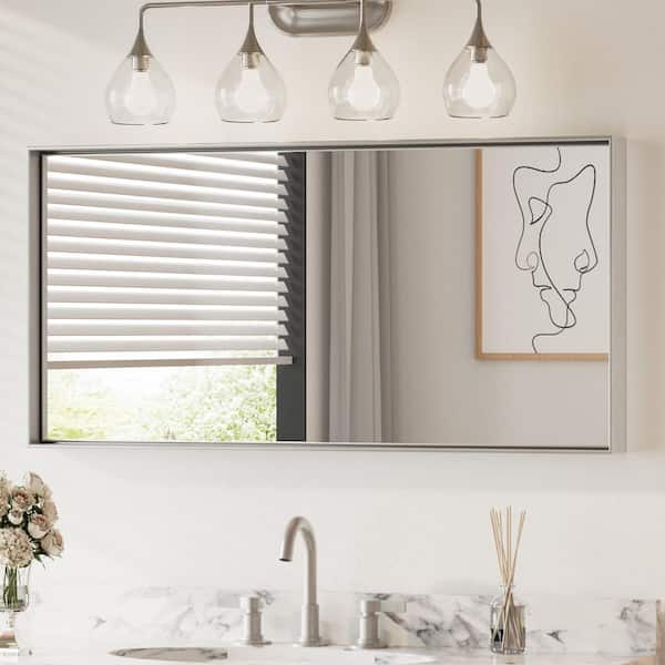 KeonJinn 48 in. W x 24 in. H Rectangular Aluminum Square Corner Framed Wall Mount Bathroom Vanity Mirror in Brushed Silver