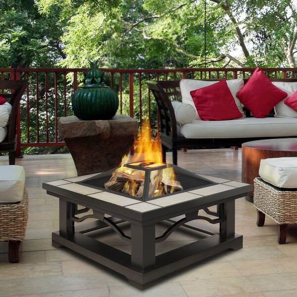 Real Flame Crestone 34 in. Steel Framed Wood-Burning Fire Pit with Grey Tile