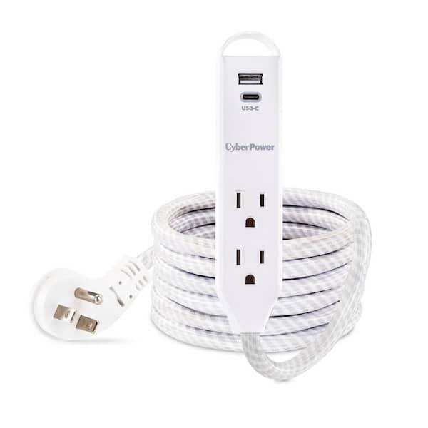 2-Outlet Surge Protector with USB-A and USB-C Ports, 6 ft. Braided Cord, 400 Joules, White