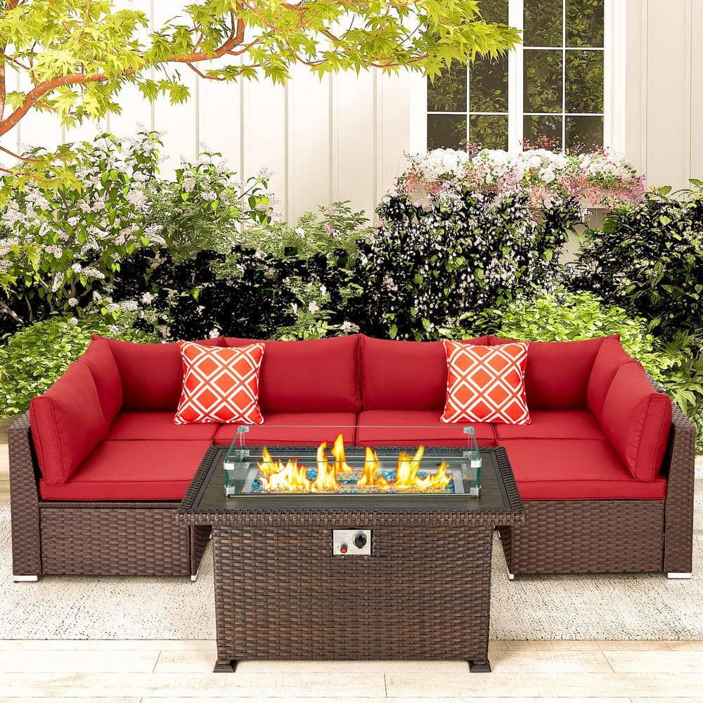 red patio set with fire pit