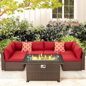8-Piece Wicker Patio Fire Pit Set with Red Cushions, 50,000 BTU Auto-Ignition Gas Brown Fire Table w/Wind Guard