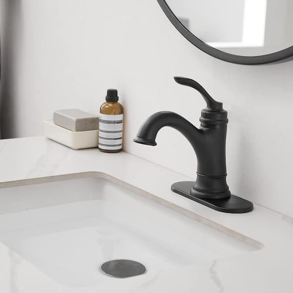 Single Handle Bathroom Faucet For One Hole with 3 Holes Deck Plate and Metal Drain In Matte Black