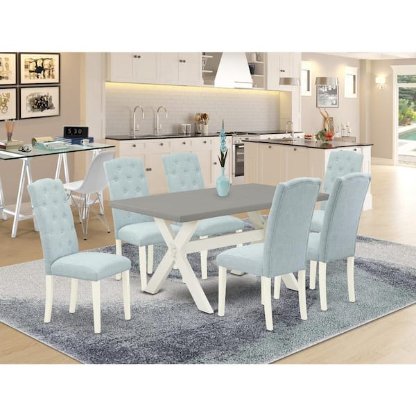 7-Piece Rectangle Natural Oak Finish Solid Wood Top Dining Set with 1 table and 6 Upholstered-Chairs with Lattice Back