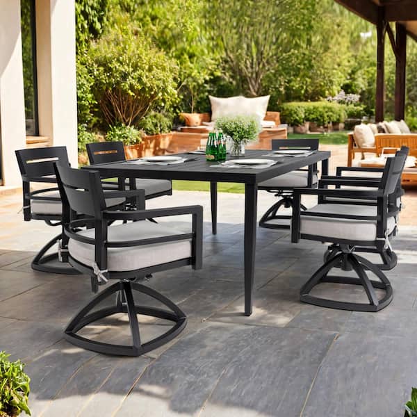 wayofatry 7-Piece Outdoor Aluminum Furniture set including 6 Swivel Rockersand Rectangle Dining Table with Umbrella Holez in black