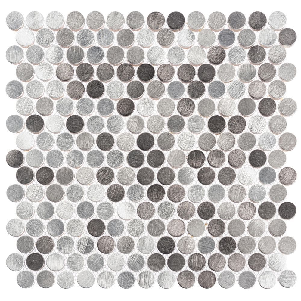 Orb Grace Silver/Gray 4.5 in. x 8.25 in. Penny Round Smooth Metal Mosaic Wa