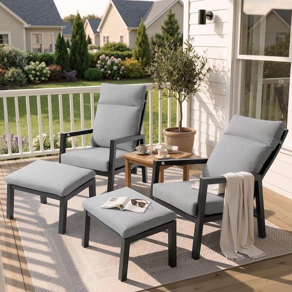 Rust-Resistant Aluminum Adjustable Outdoor Lounge Chair Set with Ottoman and 4.7 in. Cushion in Gray (2-Piece)