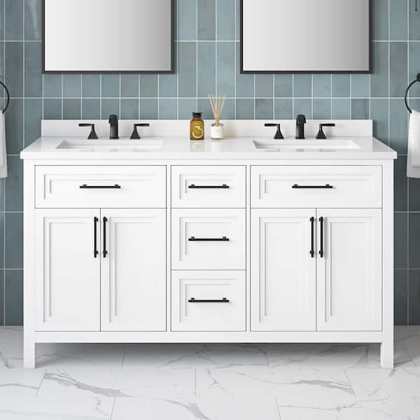 Mayfield 60 in. Double Sink White Bath Vanity with White Engineered Stone Top (Assembled)