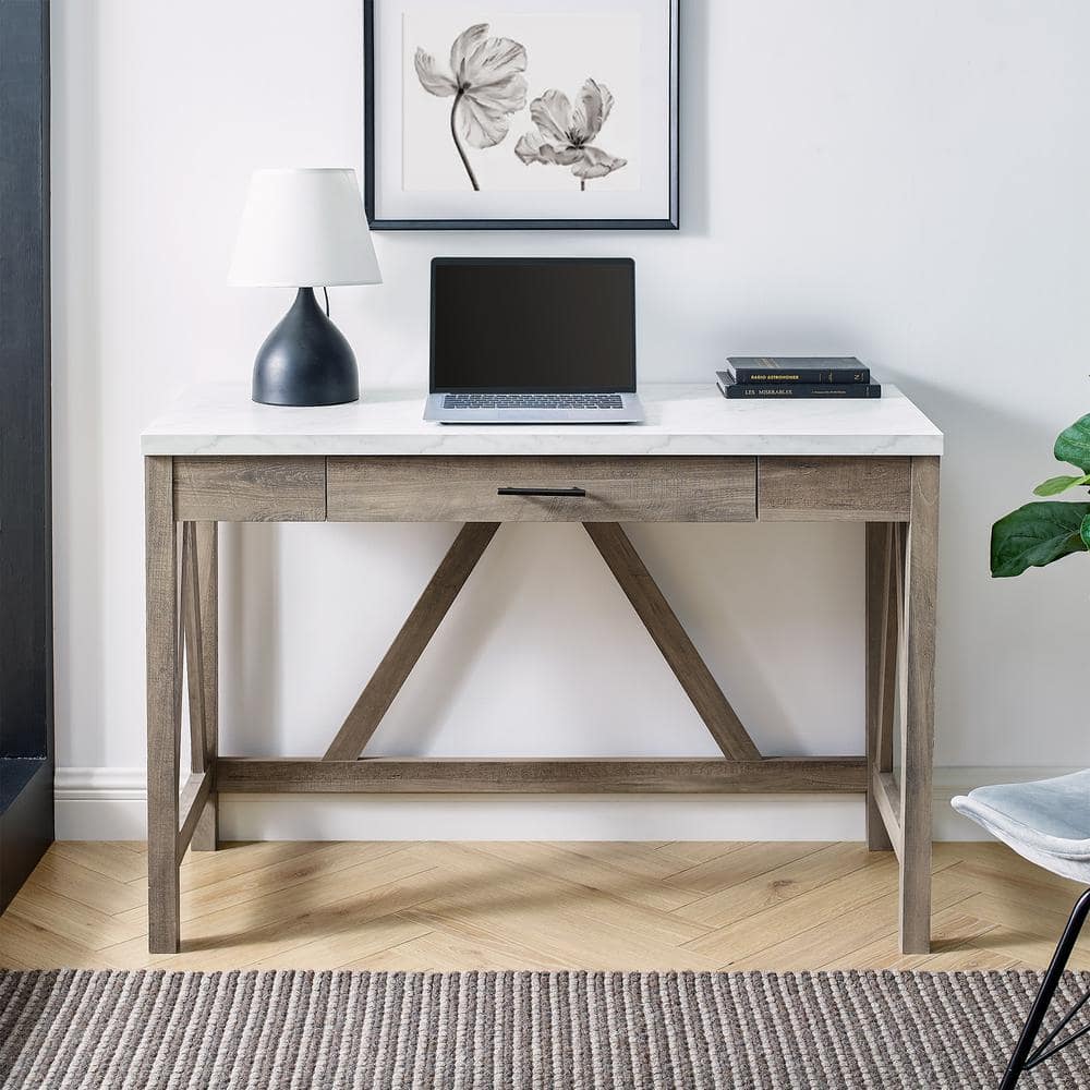 just home white faux marble desk with storage