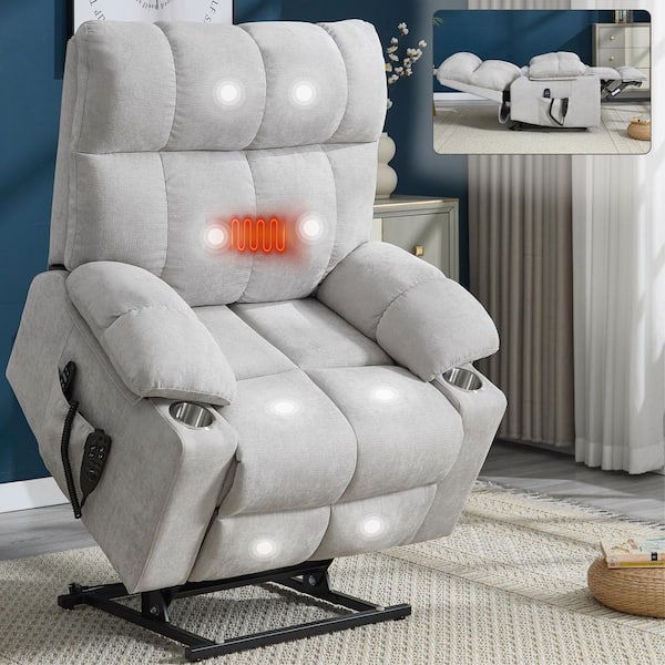 Beige Dual-Motor Chenille Power Lift Recliner with 8-Point Vibration Massage, Lumbar Heating and Dual Cup Holders
