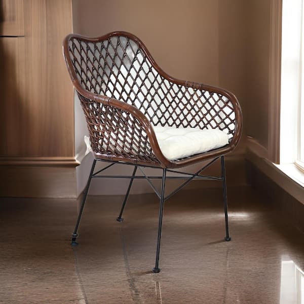 Benjara Brown, Black and White Fabric Side Chair with Cushion Rattan Cane(Set of 2)