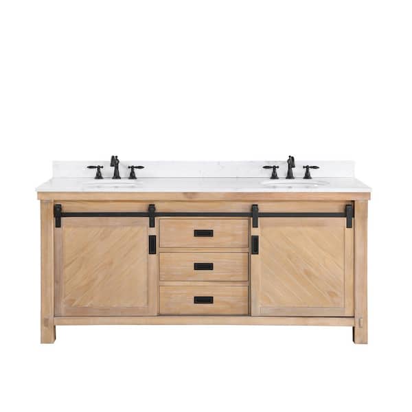 ROSWELL Cortes 72 in. W x 22 in. D x 33.9 in. H Double Sink Bath Vanity in Weathered Pine with White Composite Counter Top