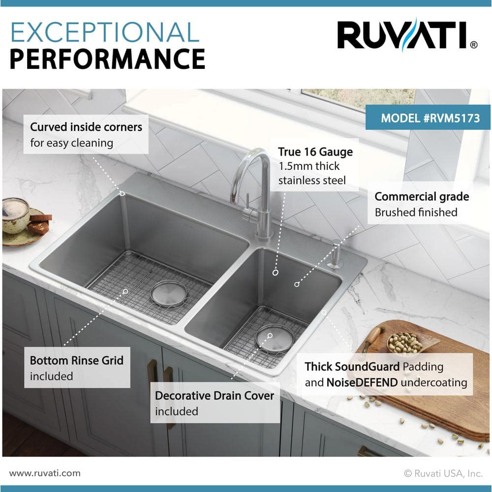 Ruvati 37" Stainless Steel Drop-In Double Bowl Kitchen Sink