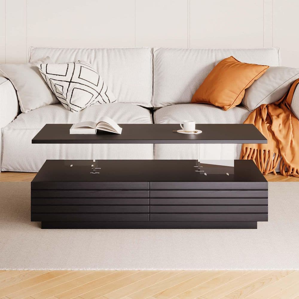 47.2 in. Black Rectangle MDF LED Coffee Table 2-Tier Center Table with 2-Dr