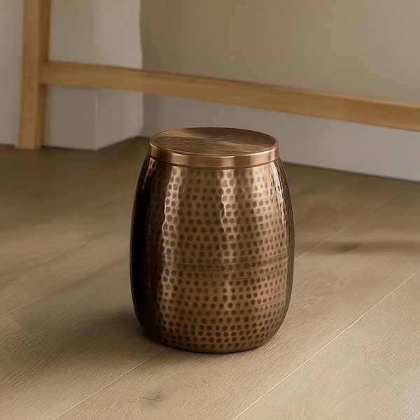 Merida 12 in. Antique Copper Modern Rustic Hammered Round Metal Drum Storage End Table with Lid