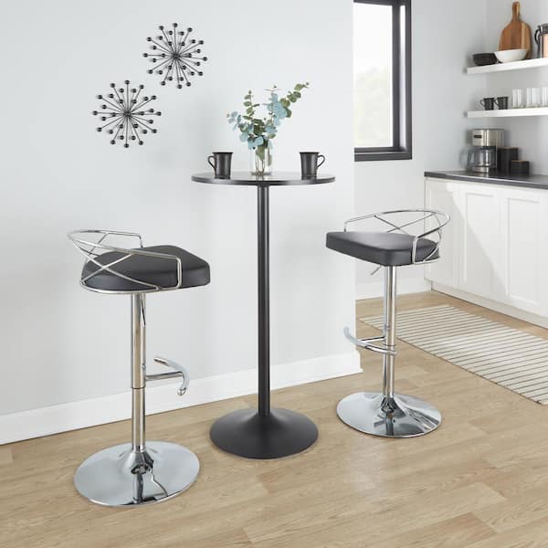 Lumisource Charlotte Glam 32.75 in. Black Faux Leather and Chrome Metal Adjustable Bar Stool with Rounded T Footrest (Set of 2)