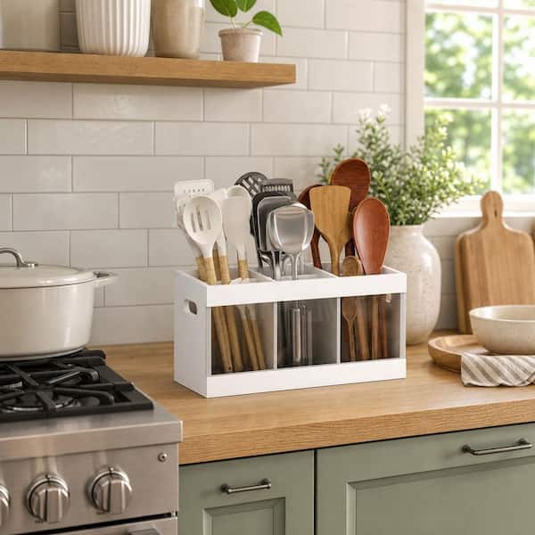 Bamboo White Utensil Holder & Silverware Organizer with Absorbing Drying Stone and 6 Compartments for Kitchen Countertop