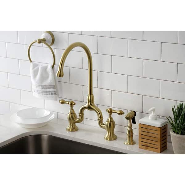 English Country Double-Handle Deck Mount Gooseneck Bridge Kitchen Faucet with Brass Sprayer in Brushed Brass