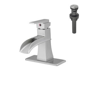 Single Handle Single Hole Bathroom Faucet with Deckplate Included Pop Up Drain and Water Supply Hoses in Brushed Nickel