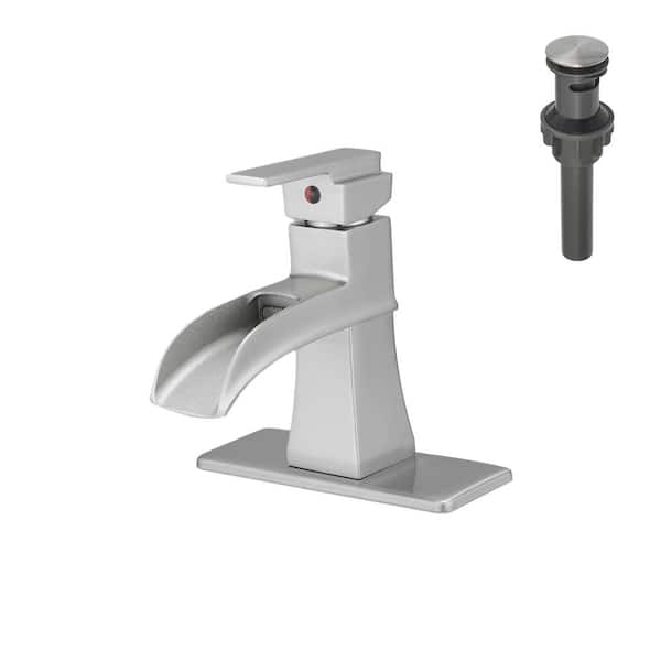 Dimakai Single Handle Single Hole Bathroom Faucet with Deckplate Included Pop Up Drain and Water Supply Hoses in Brushed Nickel