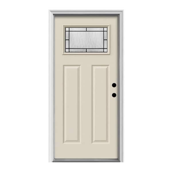 JELD-WEN 36 in. x 80 in. 2 Panel Left-Hand/Inswing 1/4 Lite Decorative Glass Primed Fiberglass Prehung Front Door w/Brickmould
