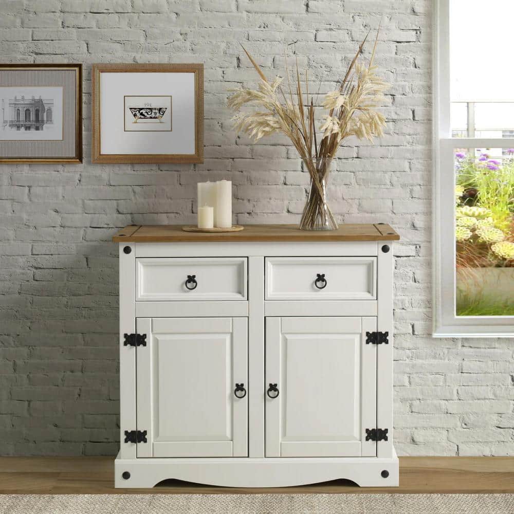 Sunnydaze White Pine Sideboard Cabinet with 2 Drawers and 2 Doors