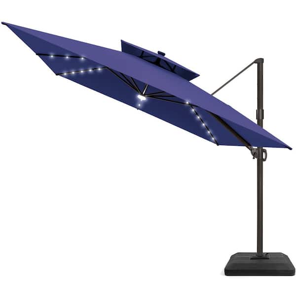11 ft. Square Double-Top Outdoor Offset Patio Solar LED Lighted Cantilever Patio Umbrella with Weights Base in Navy