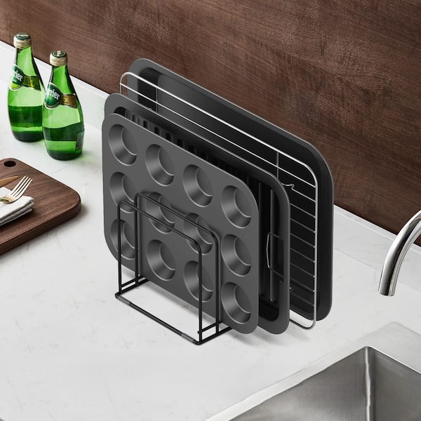 5-Slot Heavy Duty Steel Kitchen Cabinet Organizer, Divided Bakeware Rack for Skillets, Baking Pans, Cutting Boards