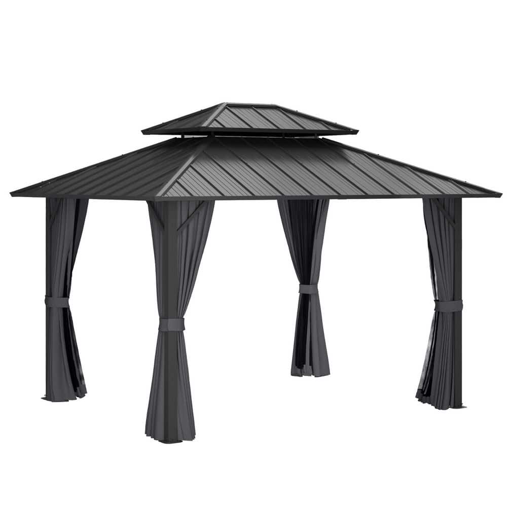 10 ft. x 12 ft. Gray Double-Roof Hardtop Patio Gazebo with Integrated Netting and Adjustable Curtains price history on PriceWatchPro