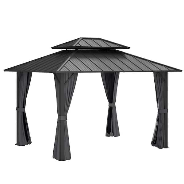 10 ft. x 12 ft. Gray Double-Roof Hardtop Patio Gazebo with Integrated Netting and Adjustable Curtains