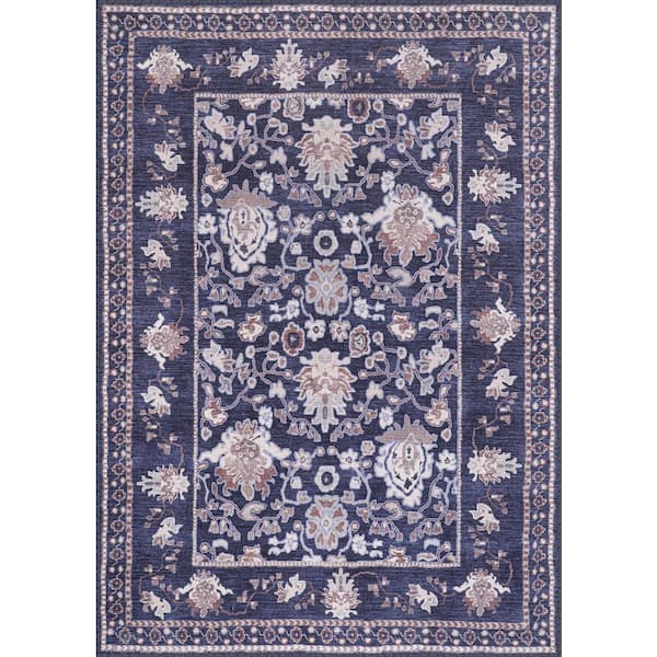 Navy 5 ft. x 7 ft. Stain Free Floral Machine Washable Indoor Area Rug