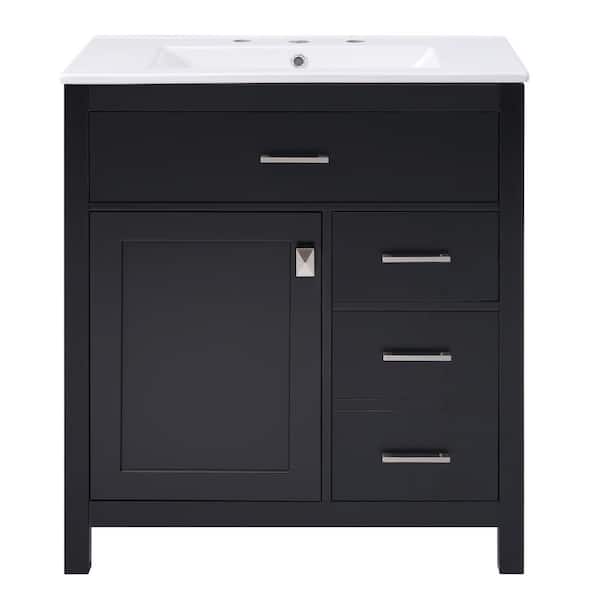 JimsMaison 30 in. W x 18 in. D x 34 in. H Single Sink Freestanding Bath Vanity in Black with White Ceramic Top